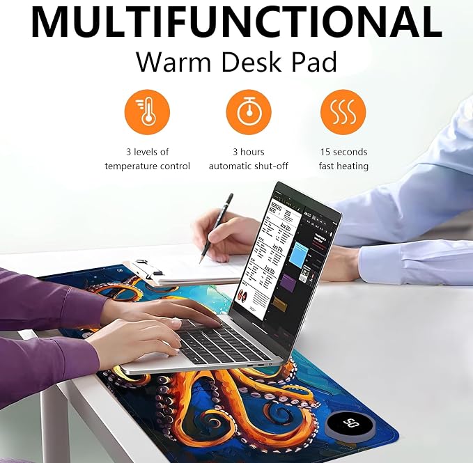 Heated Mouse Pad with 3 Levels Heated & 3 Hours Auto Shut-Off Mouse Pad for Warming Hands in Office Home, 23.6" x 14.2"Large Safe Desk Mat Hand Warmer，Blue Octopus