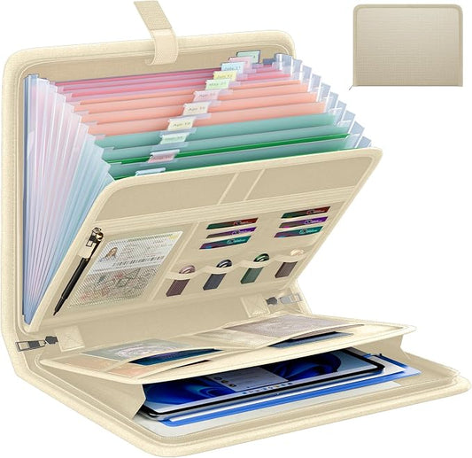 Fireproof Accordion File Organizer, Expanding File Folder with 13 Pockets | Portable Document Organizer with Waterproof Zipper & Labels, File Organizer for Important Document/Paper Storage, Khaki