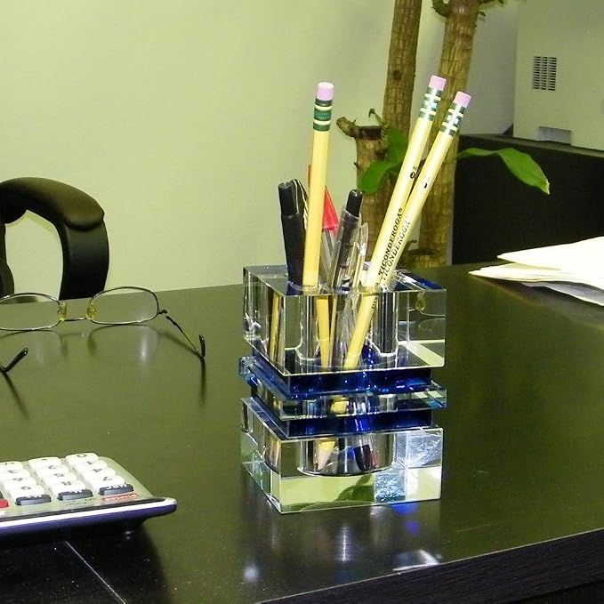 Amlong Crystal Desktop Collection Crystal Pen Holder, Blue
