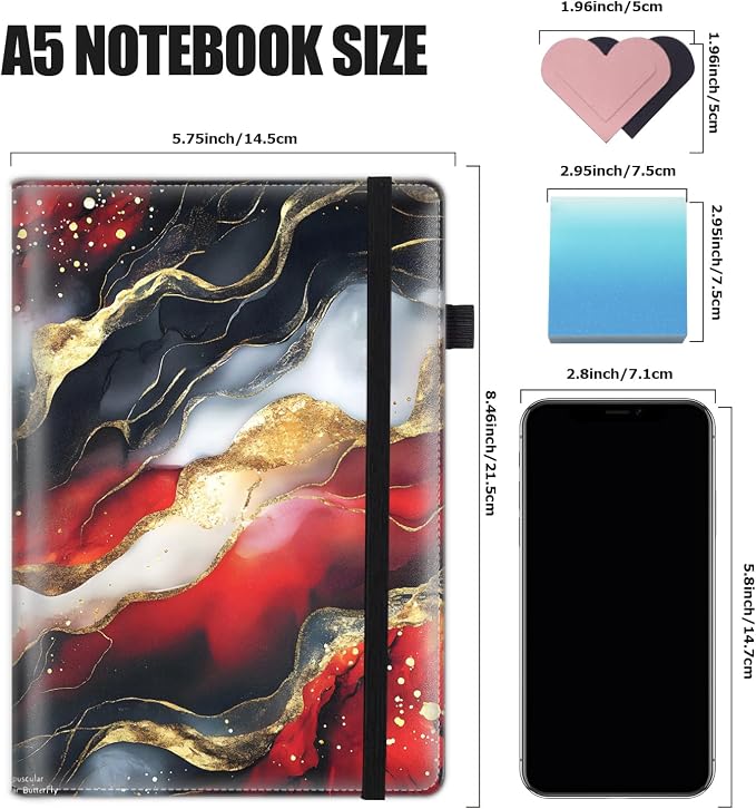 Hardcover Executive Notebooks, A5 PU Leather Lined Journal Notebook, 200 Pages Thick Paper Subject Notebooks for School,Work,Home Writing Business Notebook, Diary Book ，Red Gilded Marble