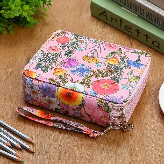 Portable Colored Printing Pattern Morning Glory and Daisy Pencil Case 72 Slots Pencil Bag Organizer with Zipper for Watercolor Pens or Markers, Pencil Case Organizer for Artist
