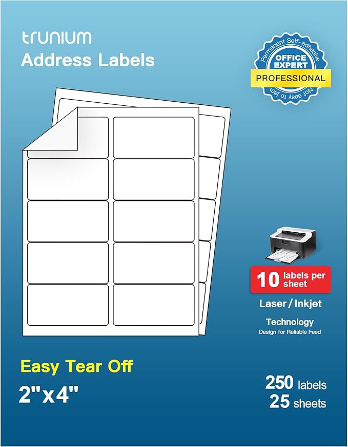 Shipping Address Labels, 2" x 4" Address Labels for Laser & Inkjet Printers, Mailing Labels for 5163, 8163, 5263, Strong Adhesive for FBA Label, Easy to Peel (25 Sheets, 250 Labels)