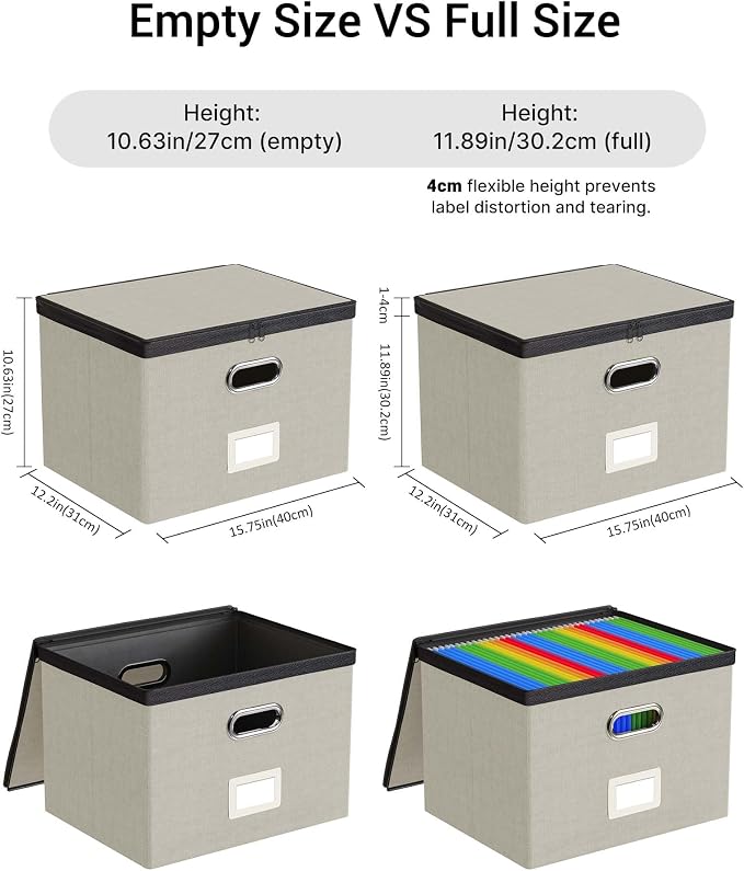 Oterri File Box Large 1-Pack Hanging Organizer for Letter/Legal-Size Folder | Dustproof Lid. 3 Mesh Pockets. Collapsible Scratch-Resistant GRS Linen. Slide Rails. Office, Home, Dorm