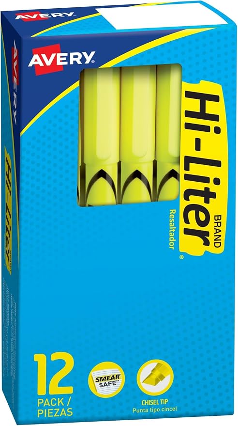 AVERY Hi-Liter Pen-Style Highlighters, Smear Safe Ink, Chisel Tip, 12 Fluorescent Yellow Highlighters (23591) (Pack of 6)