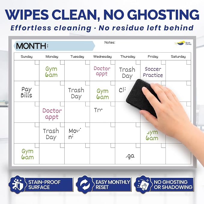 Monthly Magnetic Calendar for Refrigerator - 17x12” Stain-Resistant Dry Erase Fridge Calendar Whiteboard with Large Writing Space for Schedules, Chores & Meals - With 4 Markers & Eraser - Sunday Start