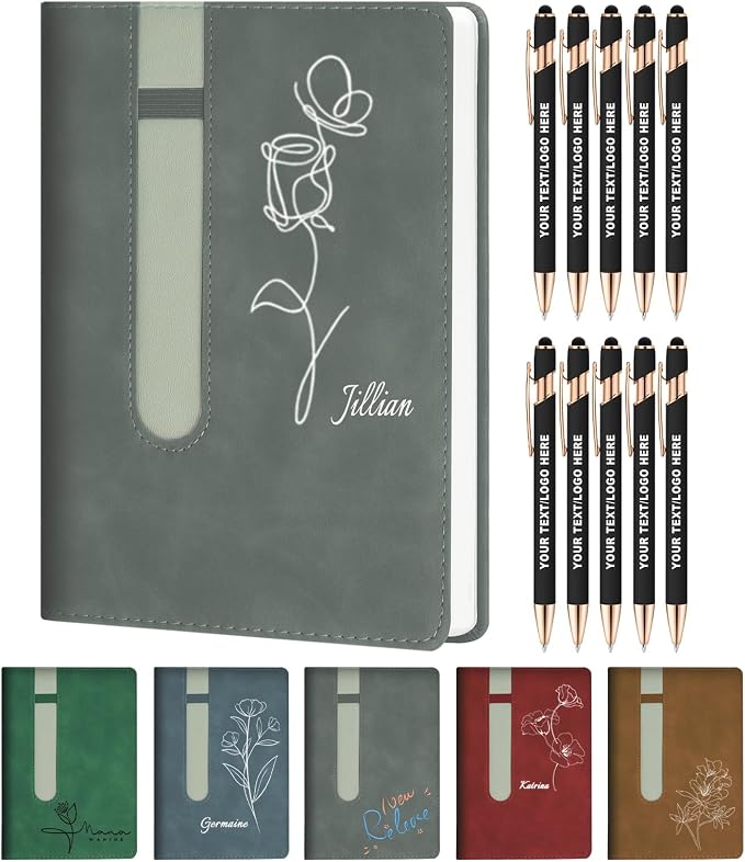 ENOMY A5 Personalized Notebook Set with 10 PC Pens Custom Journal with Pen Holder 200 Pages 80 GSM Custom Notebook for Writing Men Women, Gray