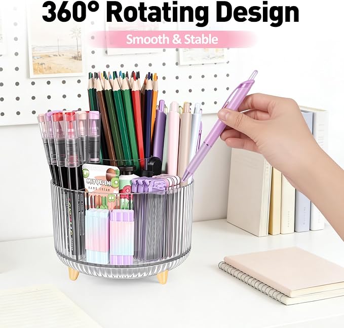 360 Rotating Pen Pencil Holder for Desk, Pen Organizer with 5 Slots, Makeup Brush Holder, Desk Organizer and Accessories, Cute Pencil Cup Caddy for Office School Home Decor Art Supply (Clear)