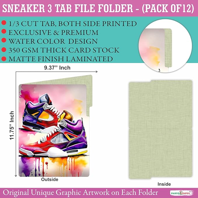 PARTH IMPEX 12 Pack Decorative File Folders, 1/3 Cut Tab with Assorted Positions, Letter Size Paper Holders (9.37” x 11.75”) Matte Finish Laminated for Office School Work Boys Girls - Sneaker Design