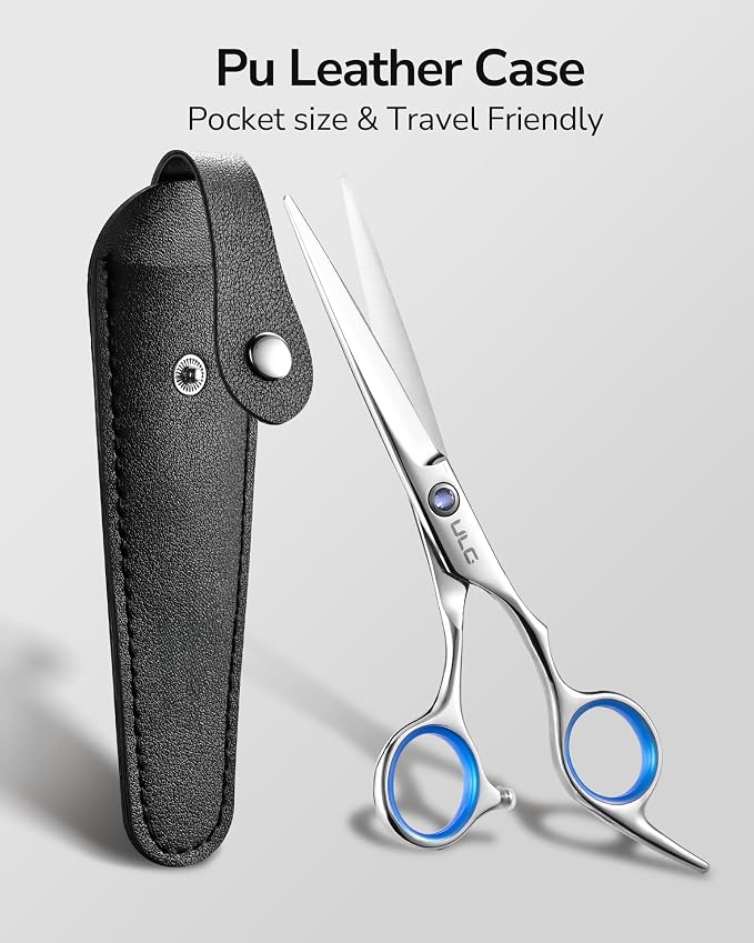 Hair Cutting Scissors, ULG Professional Hair Scissors 6.5” Right-Hand Razor Edge Barber Shears with Leather Case Salon Hair Cutting Shears Made of Japanese Stainless Steel, Hand Sharpened Blue