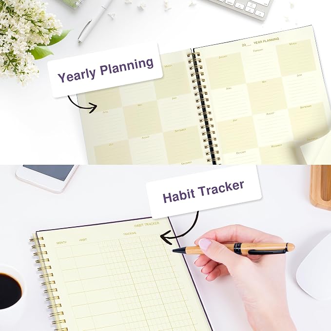 AUROPLANNER Undated Daily Planner To Do List Hourly Schedule 2027 2026 2025 Calendar & Holiday Habit Tracker 180 Pages Letter Size 8.5" x 11" Sheets Hardcover Spiral Bound Notebook (Purple Indigo)