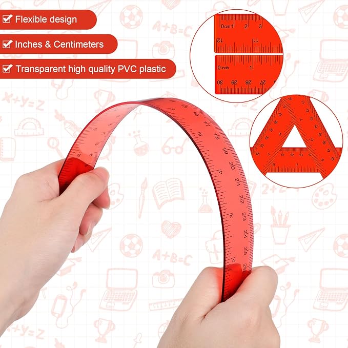 Zonon 2 Pcs 12 Inch Clear Ruler and 6 Inch Plastic Protractor Set, Dual Scale Inch/Cm Math Geometry Measuring Tools for Back to School Students Teachers Classroom Office Drafting Use(Red)