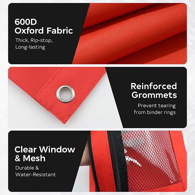 3 Ring Pencil Pouch for Binder, 2-Pocket Zipper Pencil Case with Clear Window & Mesh Pocket, 600D Oxford Fabric Binder Pouch for School Office Supplies, Fits Standard 3-Ring Binders, Red