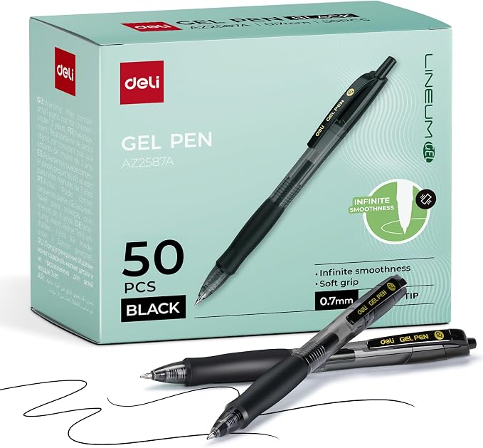 deli Pens Bulk, 50 Pcs Retractable Gel Pens Medium Point 0.7mm, Smooth Writing with Fast Dry Black Ink, No Bleed, Comfort Grip & Pocket Clip for School, Office, Home Supplies