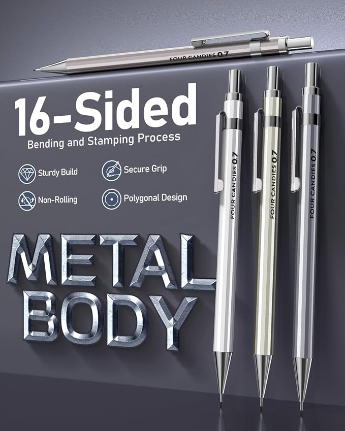 4PCS Metal Mechanical Pencil Set, 0.7mm Medium Point Pack with Storage Case | 480 Leads, 3 Erasers+9 Refills, For School Writing, Sketching, Art Drawing & Professional Drafting