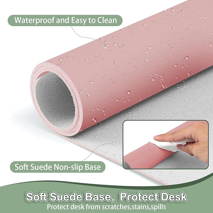 Boutilon Leather Desk Pad Protector,Non-Slip Mouse Pad,Laptop Desk Pad,Office Mouse Mat,Waterproof Leather Desk Blotter,Desk Writing Pad for Office and Home (M-Pink,30"x14")