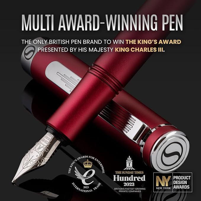 Scriveiner Luxury EDC Fountain Pen (Medium), Matt Red Pocket EDC with Chrome Finish, Schmidt German Nib, Converter, Best Writing Gift Set for Men & Women, Fancy Pen for the Office & Journaling
