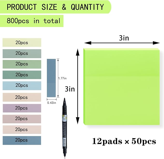 YOUDEFUL 800Pcs Transparent Sticky Notes, Bright Green Clear Sticky Notes, 3"x3" Waterproof Translucent Sticky Note Pads, Index Tabs, Clear Post it Notes for Bible Study, See Through Sticky Notes