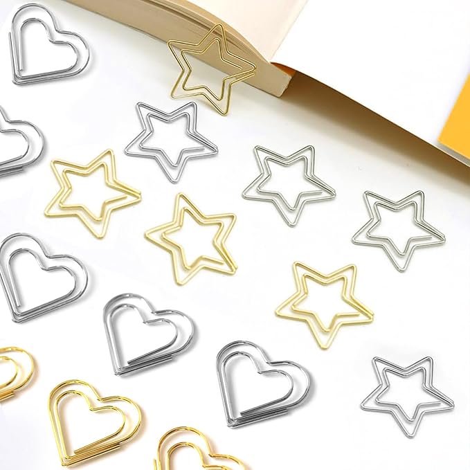 Hesena 200 Pcs Cute Paper Clips Set, 100 Pcs Heart & 100 Pcs Star Shaped Shape Paper Clipss, for Office and Home (Heart Shape+Star Shape)