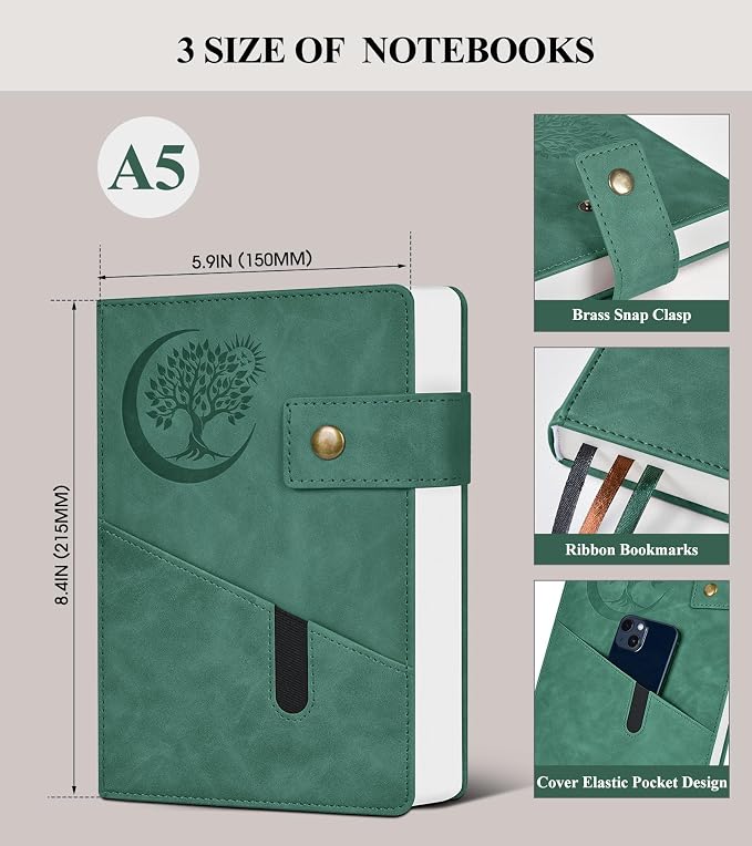 PAIBAS A5 Journal Notebook College Ruled 366 Pages Leather Journal for Men | Medium notebook A5 journal with 100gsm lined notebook paper, 3 ribbon bookmarks, cover pocket & brass snap button 5.9"x8.4"