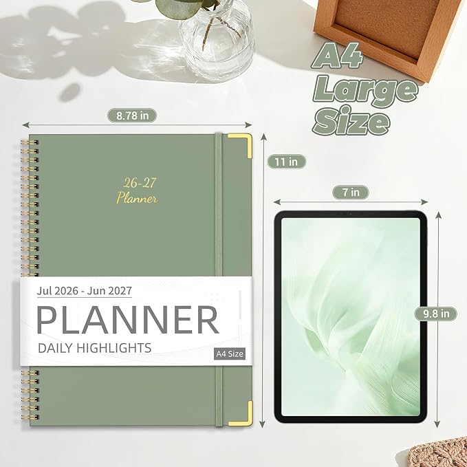 Academic Planner 2026-2027, 8.5" x 11", Hardcover Weekly Planner, Green | Calendar Planner July 2026 - June 2027, Agenda Book with Tabs, Inner Pocket and Sticker for Office & School, A4