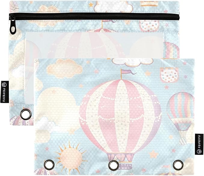 Hot Air Balloon Pencil Pouch for 3 Ring Binder 2 Pack Zipper Binder Pencil Bag Case with Clear Window Office Supplies