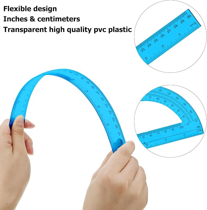 2 Packs 12 Inch Plastic Ruler and 6 Inch Plastic Protractor Set Clear Math Geometry Set Classroom Set Angle Detector School Supplies Classroom Ruler Home Office Drawings (Blue)