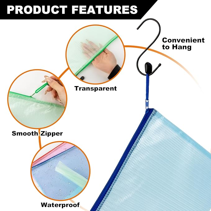 MAQIHAN Mesh Zipper Pouch Bags - A4 Clear Zipper Pouches, 13.2 x 9.4 Inch | Zipper Pouches for Organizing, Waterproof Letter Size File Bag for Puzzles, Board Games, Office Supplies, 5 Pack