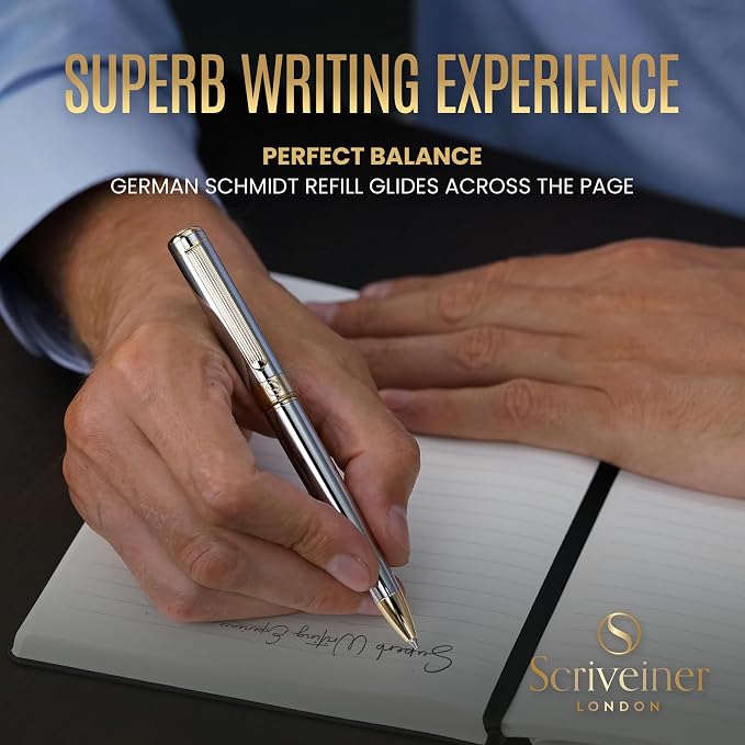 Scriveiner Personalized Silver Chrome Ballpoint Pen - Stunning Luxury Pen, Real Gold Plating, Schmidt Ink Refill, Best Engraved Ball Point Gift Set for Men & Women, Custom Name Engraving