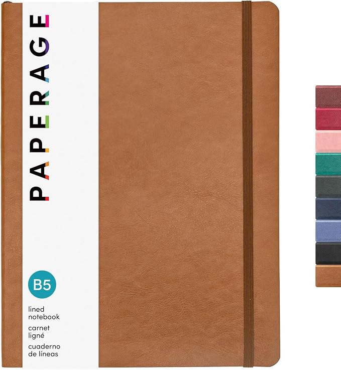 PAPERAGE Softcover Lined Journal Notebook (Cognac), 176 Pages, Large B5 College Ruled Notebook, 7.6 inches x 10 inches - 100 GSM Thick Premium Paper, Soft Vegan Leather Journal for Home, Work & School