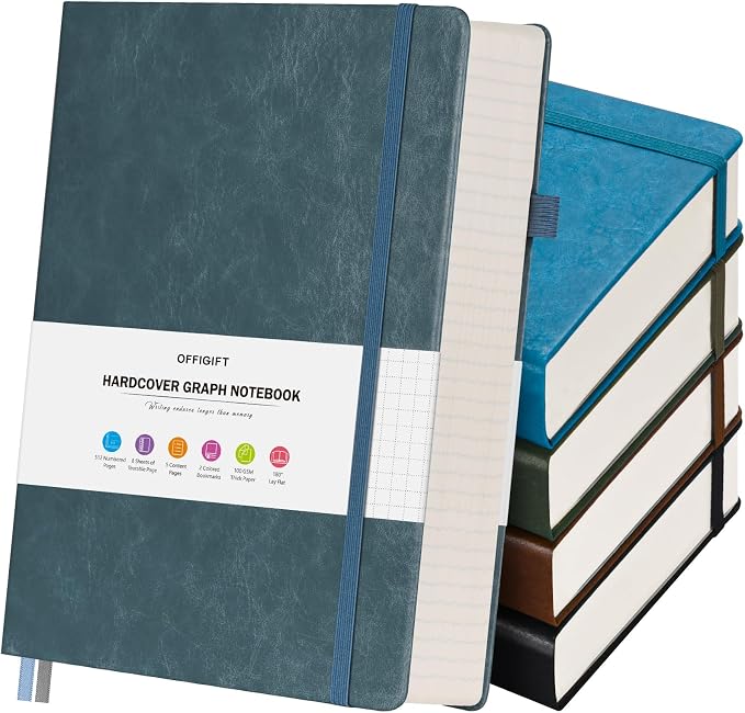 5 Pack Graph Paper Notebook Bulk, A5, 312 Numbered Pages Grid Journal Set | Cost-Effective 5 Pack 1600 Pages, 100gsm No Bleed Paper, Leather Hardcover, Lay-Flat, for Math, Engineering, Technical Notes