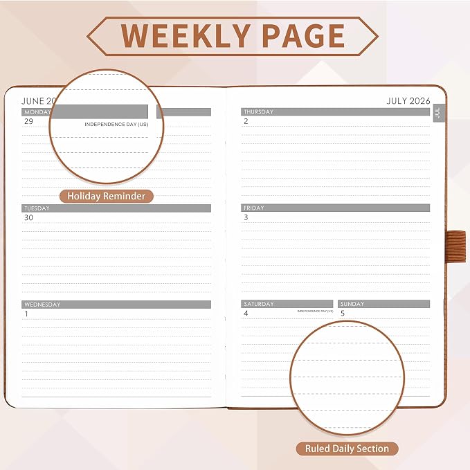 2026-2027 Planner - Academic Planner 2026-2027 Weekly Monthly Planner, July 2026 - June 2027, 5.7'' x 8.4'', Thick Paper, Leather Cover, Pen Holder, Back Pocket, Perfect Daily Organizer - Brown