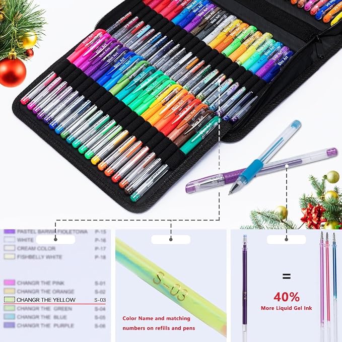 Aen Art Gel Pens for Adult Coloring Books, 160 Pack Artist Colored Gel Pen with 40% More Ink, Black Case. Perfect for Drawing Doodle Crafts Journaling Planner
