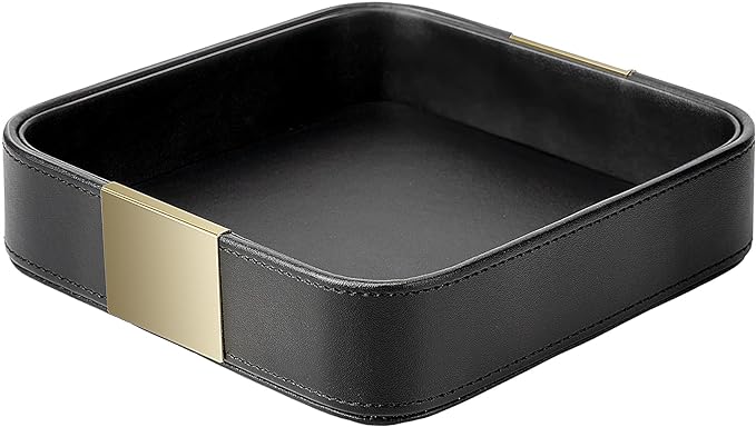 SANZIE Luxury Leather Desktop Storage Small Catchall Organizer Decorative Tray for Entryway Table to Hold Jewelry Watch Cosmetics Keys Phone Wallet, Home & Office Accessories (Metal Gilded, Black)