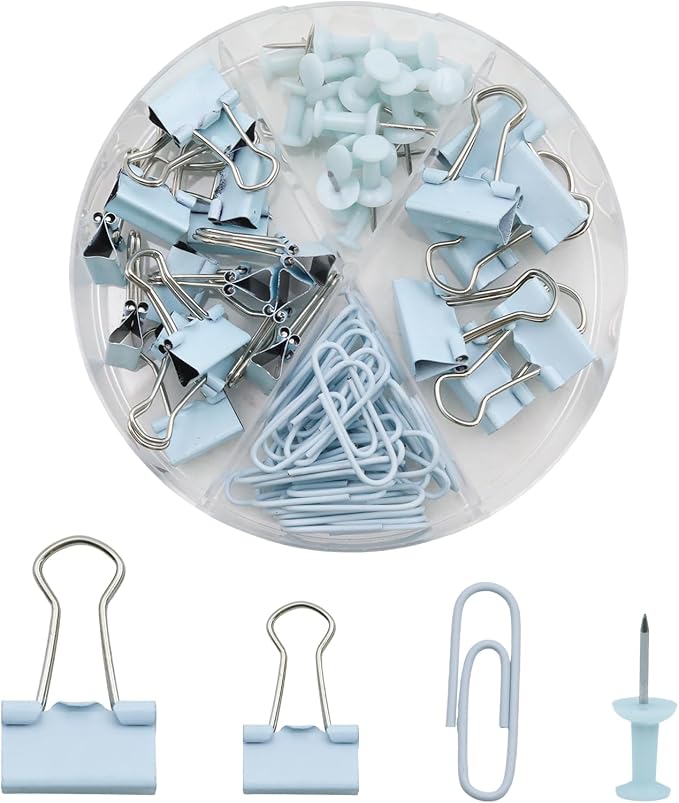 Office Supplies Set, Paper Clips, Push Pins and Binder Clips Set with Box for Office, School and Home(Light Blue)