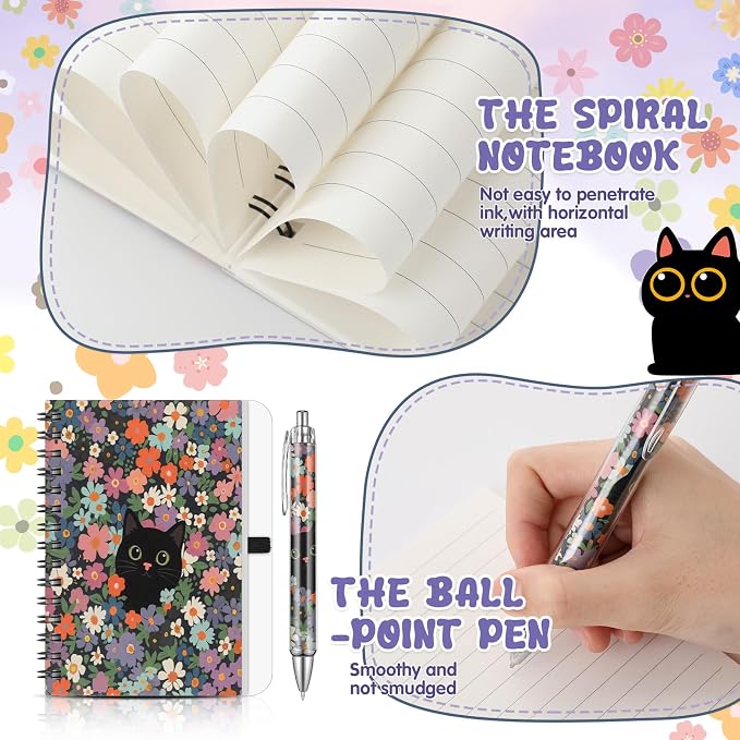 Kinlop 5 Pcs Gift Set for Women Include Tote Bag Canvas Cosmetic Bag Coil Notebook Keychain and Ballpoint Pen for Women Girls (Black Cat,Multicolor)