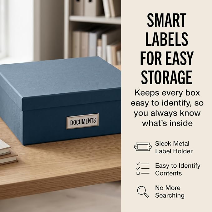 Bigso Oskar Fiberboard Label Frame Document Letter Box - File Organizer Box for Important Paperwork - Document Storage with a Lid & Metal Label Window - 3.3 in x 10.2 in x 13.8 in - Dark Blue