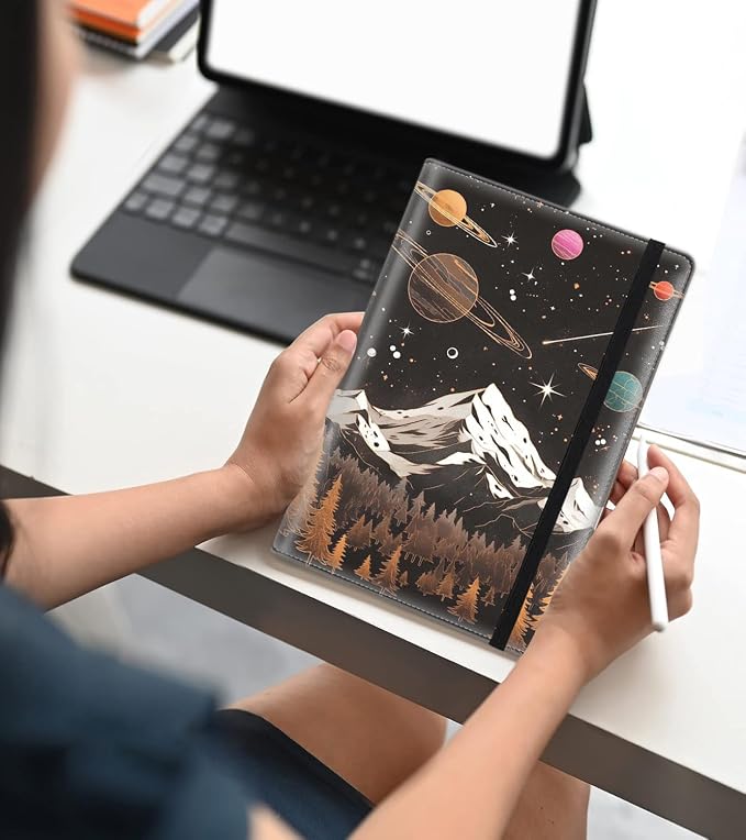 A5 Leather Lined Journal Notebook, 200 Pages Hardcover Executive Notebook for Office School Note Taking, Thick Writing Paper Daily Journal with Bookmarks/Indexes, Universe Galaxy Stars Mountain