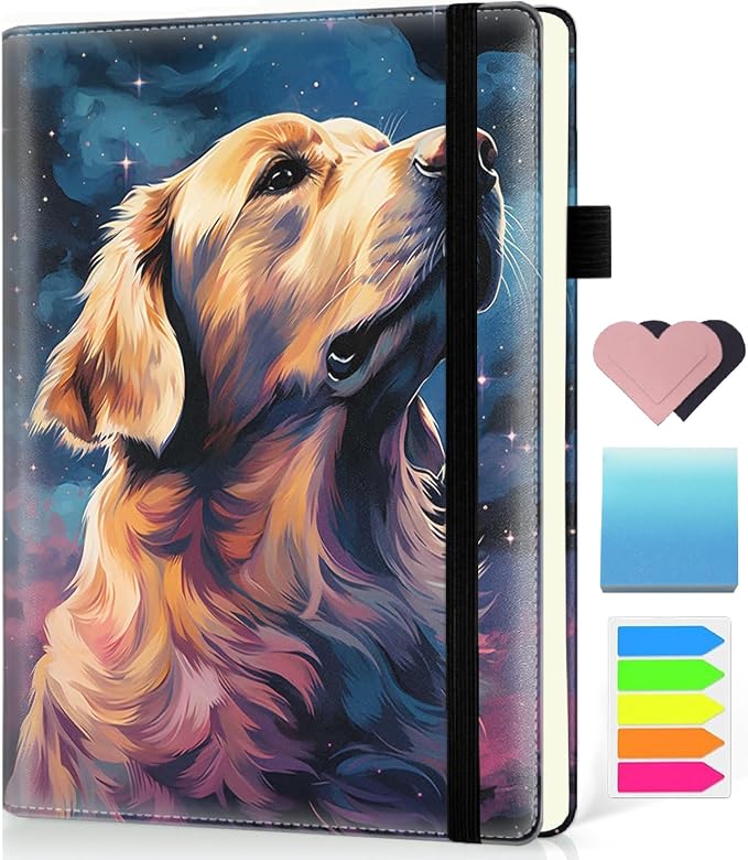 Hardcover Executive Notebooks, A5 PU Leather Lined Journal Notebook, 200 Pages Thick Paper Subject Notebooks for School,Work,Home Writing Business Notebook, Diary Book ， Golden Retriever Dog