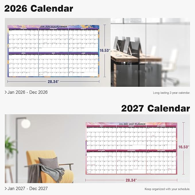 Ospelelf 2026 Large Dry Erase Wall Calendar 16.53" x 43.33" - 2 Year Laminated Big Family Calendar for Office, Use Jan 2026 - Dec 2027, Rolled Package ((Marble)