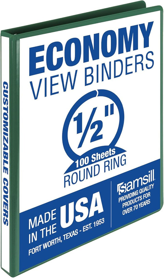 Samsill 0.5 Inch 3 Ring Binder, Economy Round Ring, Clear View Cover, 100 Sheet Capacity - for School, Home, Office - Forest Green