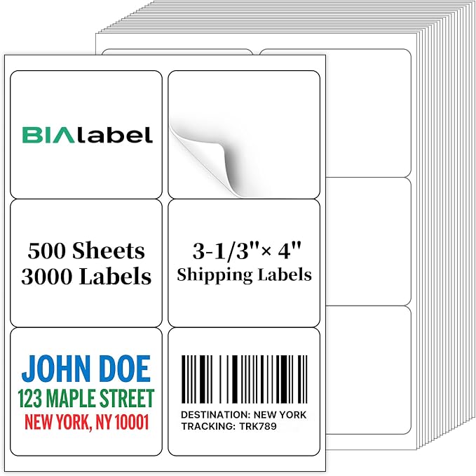 3000 Labels 6-Up 3-1/3" x 4'' Shipping Address Barcode Labels for Laser & Inkjet Printers, 500 Sheets, White, Permanent Adhesive, BIAlabel
