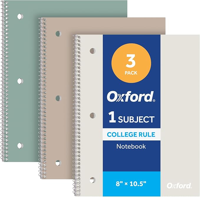 Oxford Spiral Notebooks, 3 Pack, College Ruled, 70 Sheets, Earthtone Covers | 3 hole punched to fit any binder. Perforated sheets tear out easily. Color coded covers. One notebook per subject.