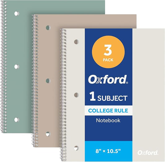 Oxford Spiral Notebooks, 3 Pack, College Ruled, 70 Sheets, Earthtone Covers | 3 hole punched to fit any binder. Perforated sheets tear out easily. Color coded covers. One notebook per subject.