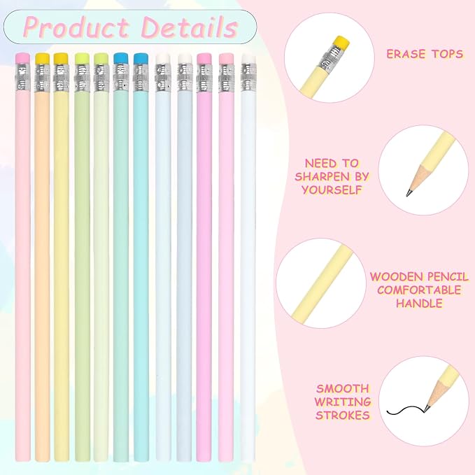 Whaline 48Pcs Pastel Color Pencils with Erasers Back to School Colorful Wooden Pencil Unsharpened Writing Drawing Pencil for Students Graduation School Office Stationery Gift