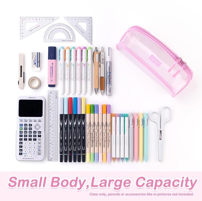 CICIMELON Transparent Mesh Pencil Pouch with Handle Big Case Clear Pen Bag College Essentials School Supplies, Pink