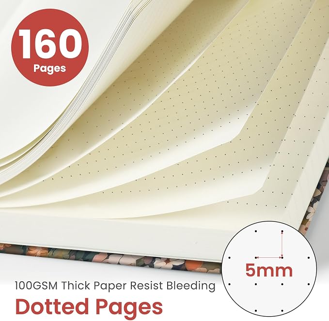 Taja Pretty Dotted Journal for Women, Aesthetic Cute Hardcover Leather Journal for Writing, A5 Journaling Notebook for Work & Sketch, Perfect for Office School Home, 160 Pages, Meadow Flowers