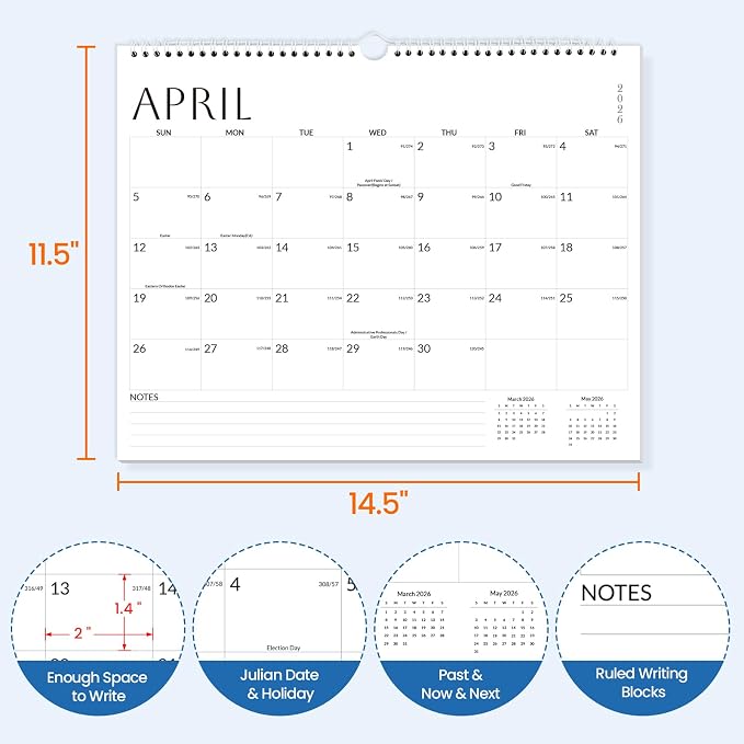 SUNEE Wall Calendar 2026 21 Months Apr. 2026 - Dec. 2027, 14.5"x11.5" Big Grid Hanging Calendar with Note for Organizing & Planning, Monthly Calendar 2026-2027 with Last Month and Next Month, White