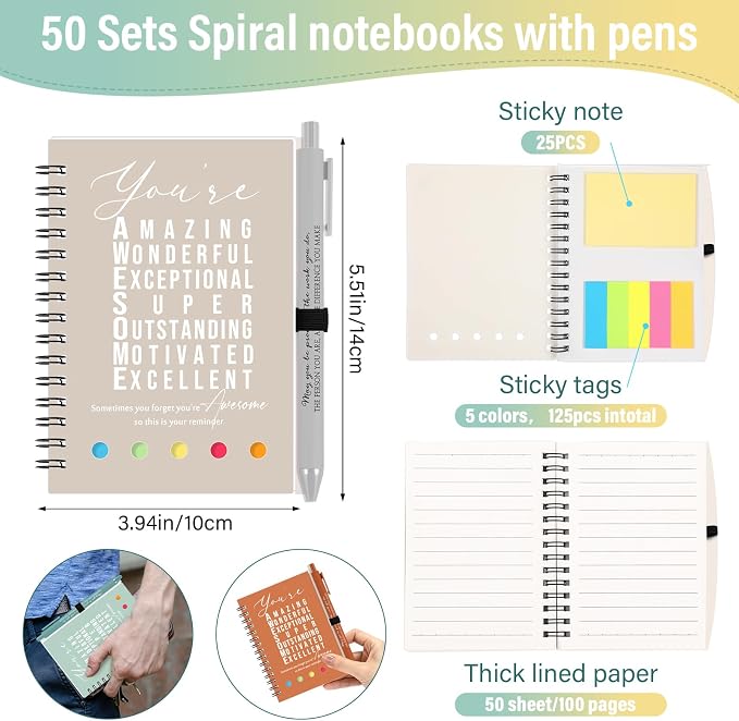 Jetec 100 Pcs/50 Sets Back to School Teacher Gifts Motivational Spiral Notebook with Sticky Notes Pen Bulk Inspirational Journals Thank You Gift for Employee Coworker Birthday Party (Healing)