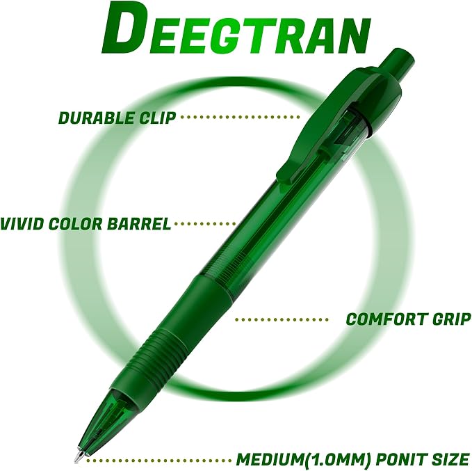 deegtran Pens Bulk, 30 Pack No Bleed Green Ink Click Pens with Soft Grip, Wholesale Retractable Ballpoint Pens for Office School, Medium Point Smooth 1.0MM