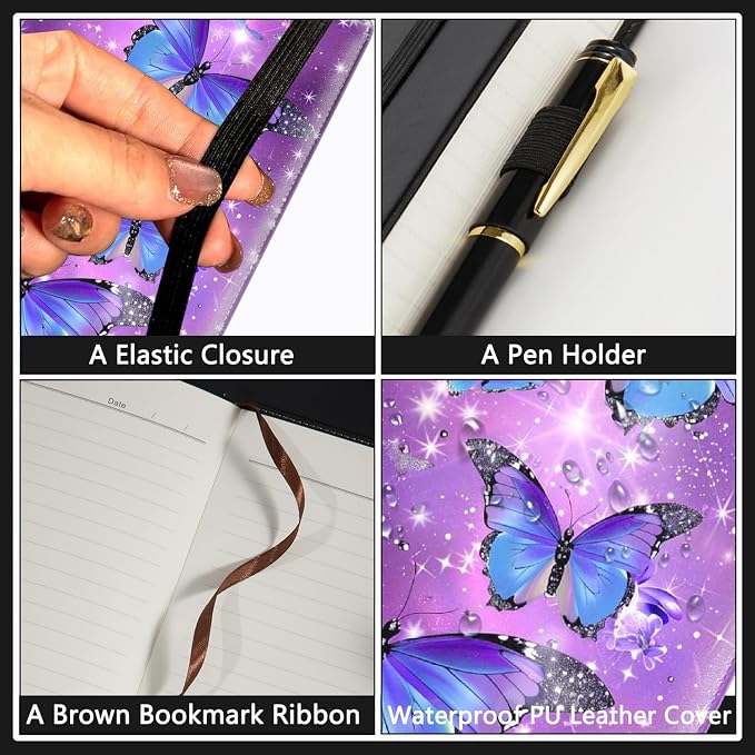 A5 Leather Lined Journal Notebook, 200 Pages Hardcover Executive Notebook for Men Women Office School Note Taking, Thick Writing Paper Daily Journal with Bookmarks/Indexes, Blue Butterfly Purple
